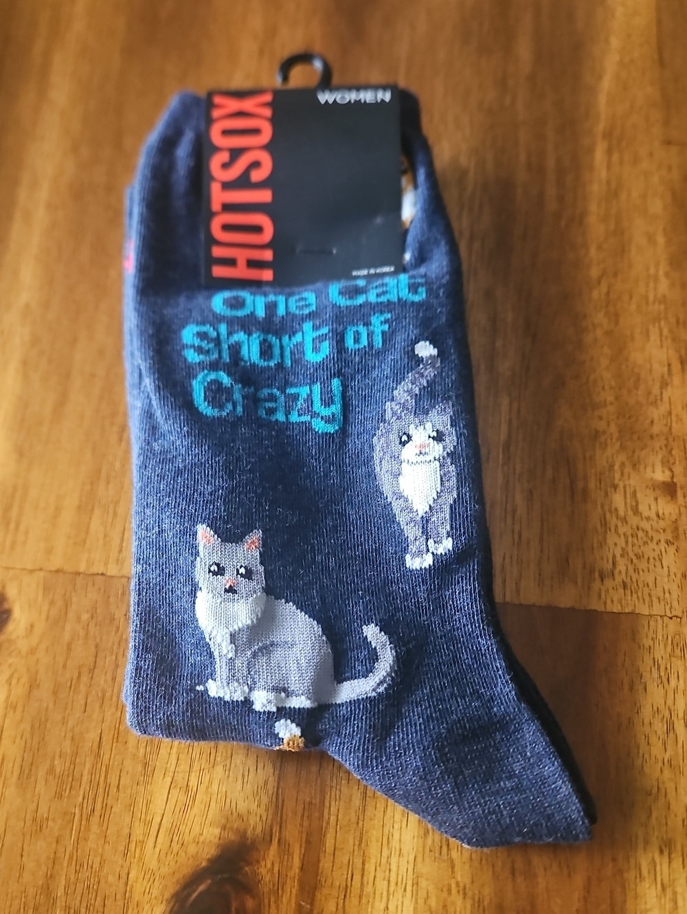 Hot Sox Navy Cat Socks with Playful Grey Cat Motif "One Cat Short Of Crazy".